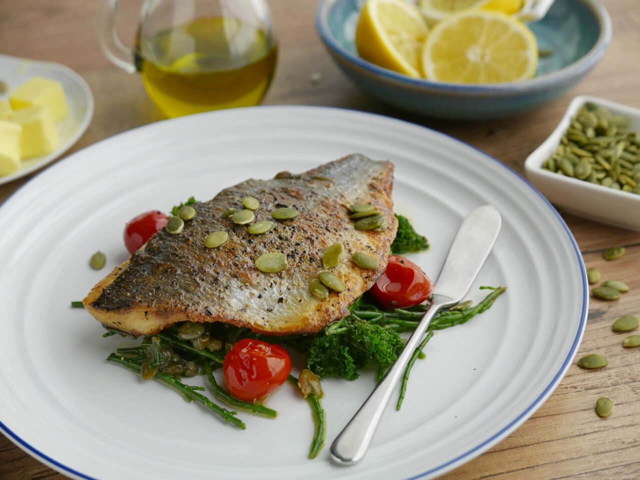 Sunday Brunch Articles Bream with Cherry Tomatoes, Capers, Kale and