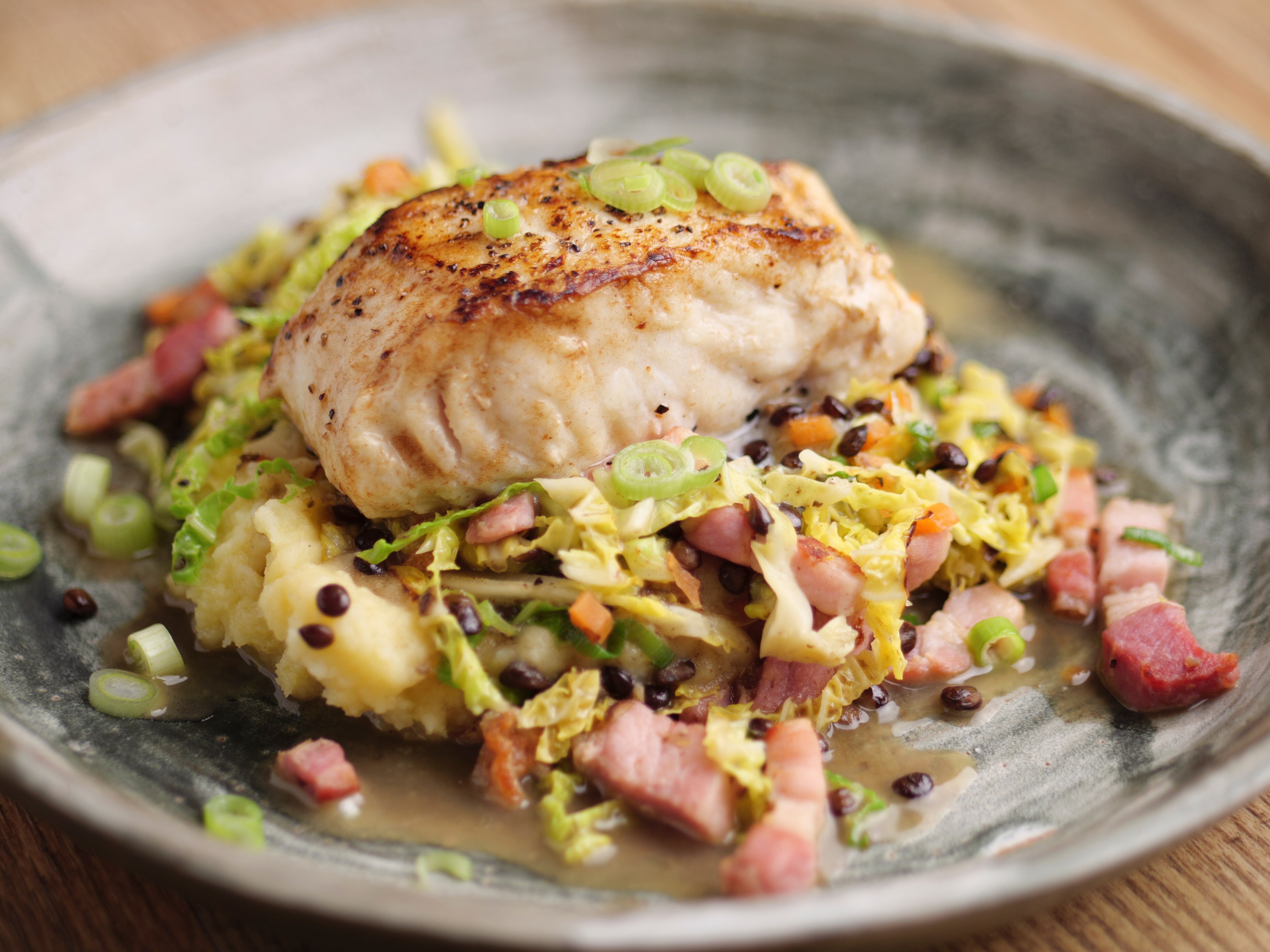 Sunday Brunch Articles Hake With Mash, Cabbage And Bacon All 4
