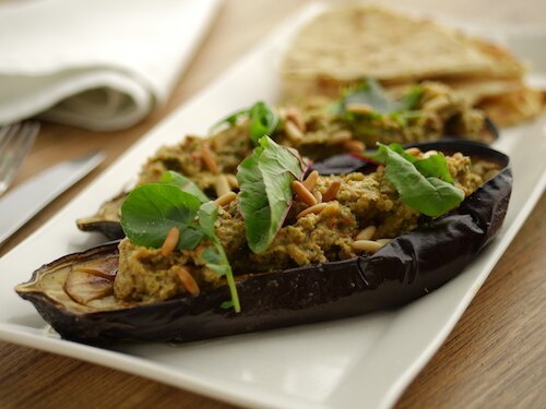 Sunday Brunch Articles Tahini and Peanut Stuffed Aubergine Recipe