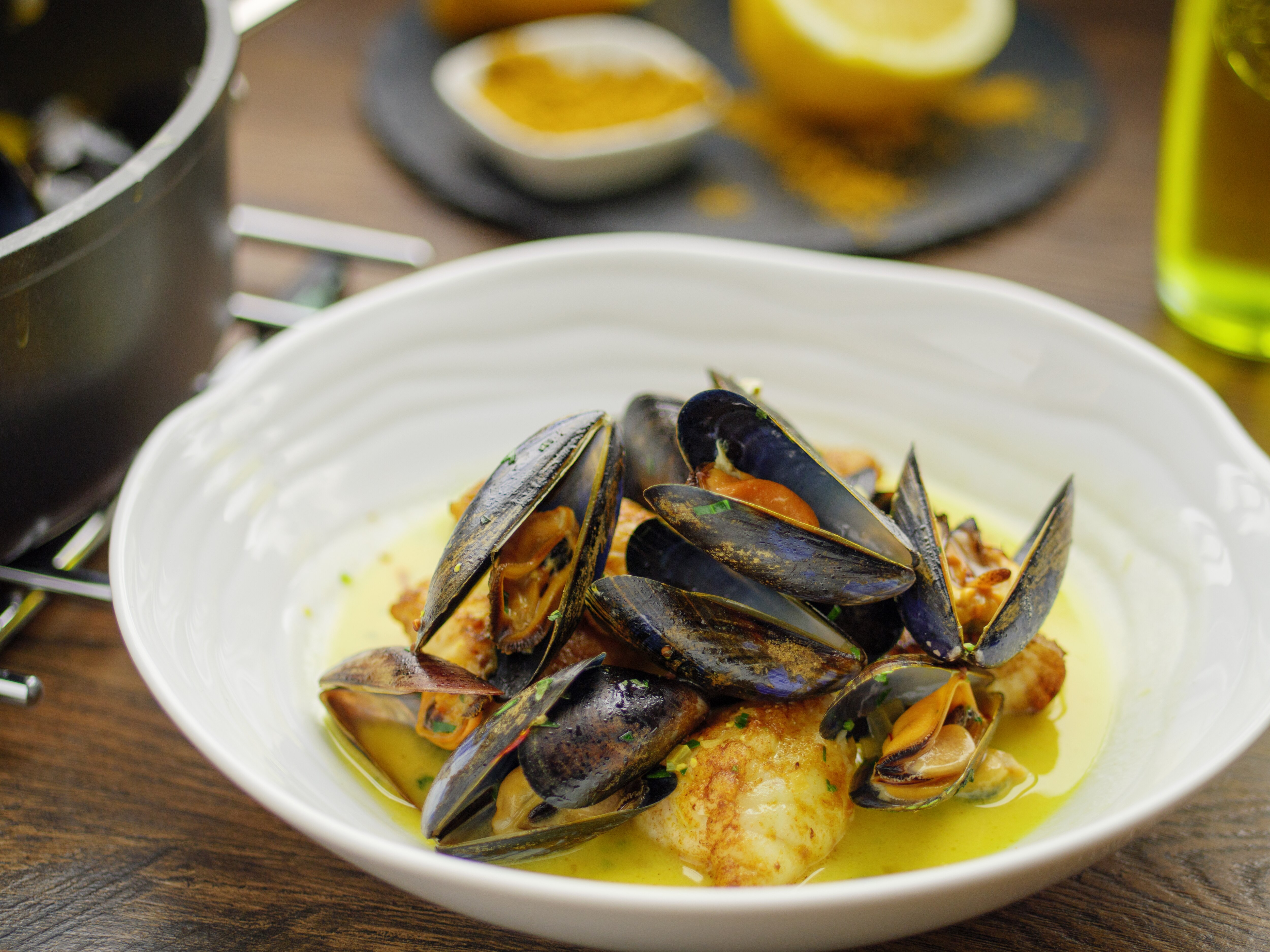 Sunday Brunch Articles PanFried Monkfish with Mussels and Grain
