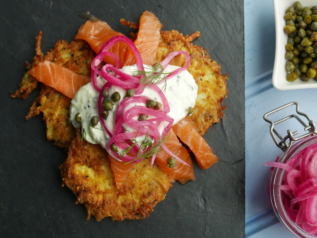 Sunday Brunch Articles Lox with Fennel and Potato Latkes All 4