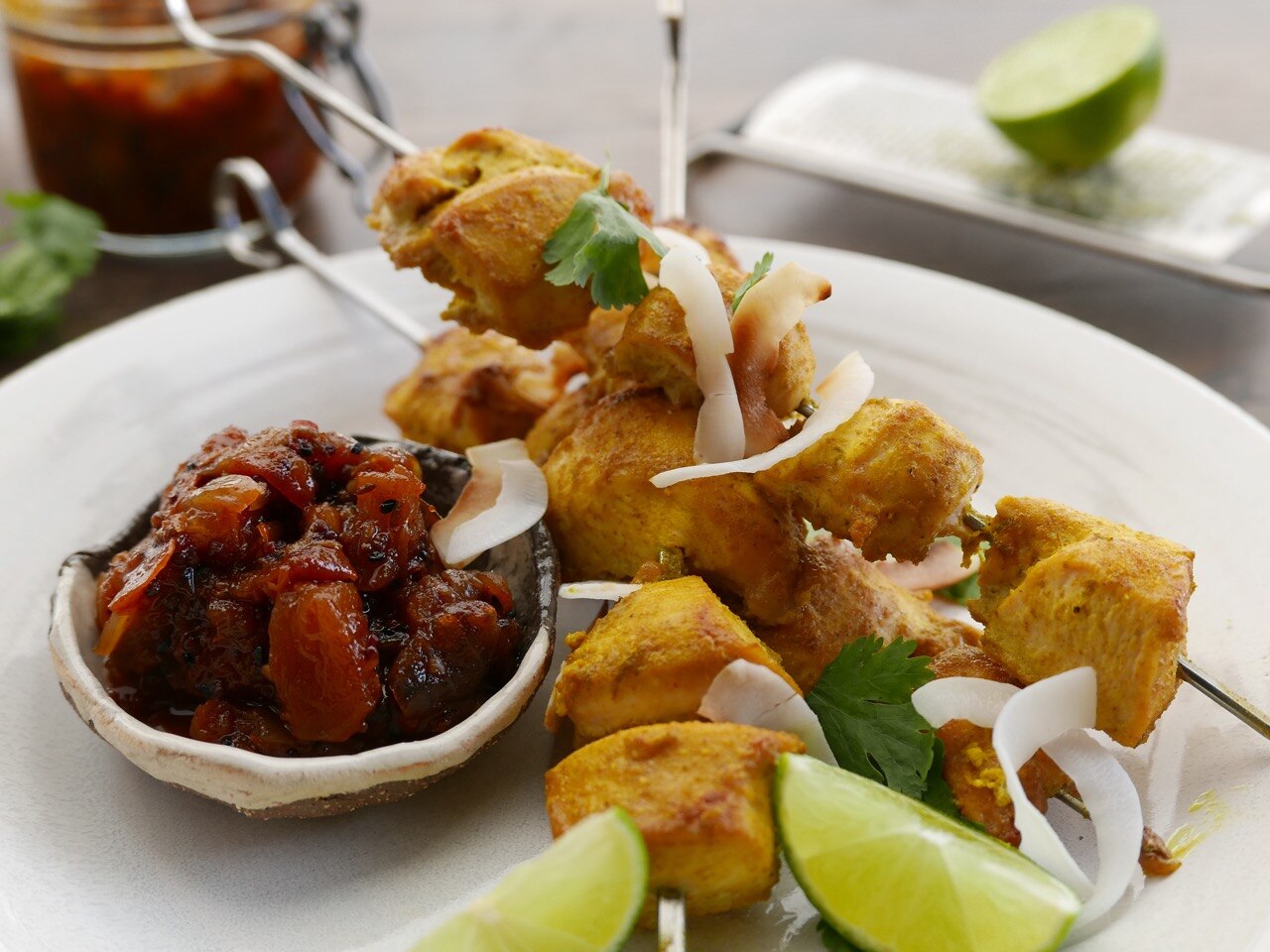 Sunday Brunch Articles Coconut Chicken Skewers with Tomato Chutney