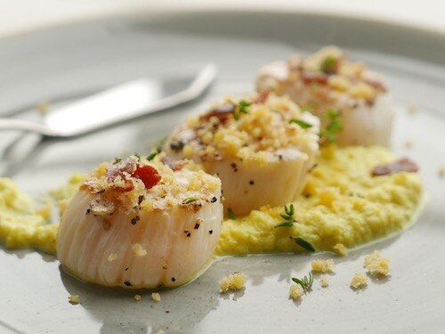 Sunday Brunch Articles Scallops, Curried Cauli Puree, Bacon Crumb